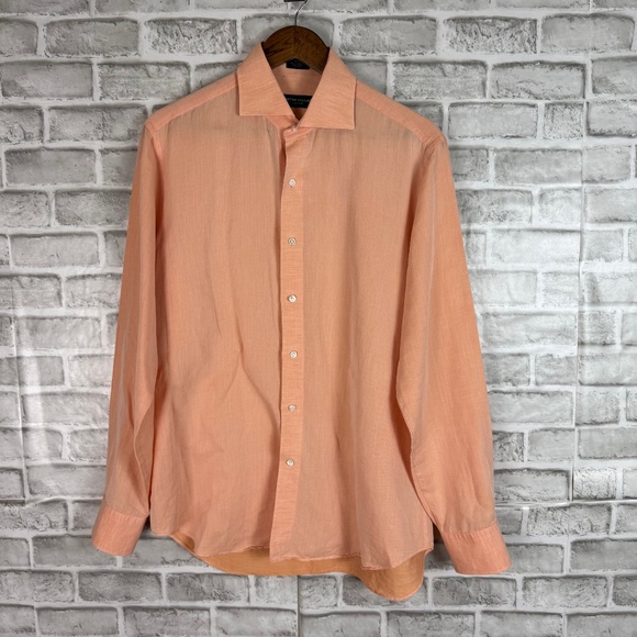 Peter Millar Collection Light Peach Orange Linen Blue Button Up Shirt Men MEDIUM - Picture 1 of 7